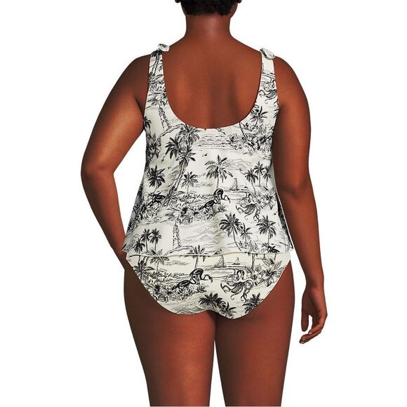 Land's End tie shoulder flutter tankini top olive green pansy floral size 14 D - Picture 5 of 7